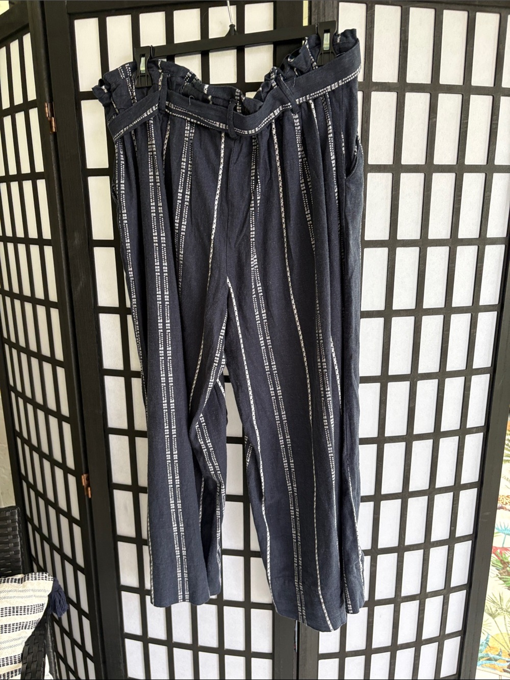 Navy Striped Paperbag Waist Pants - Picture 2 of 4